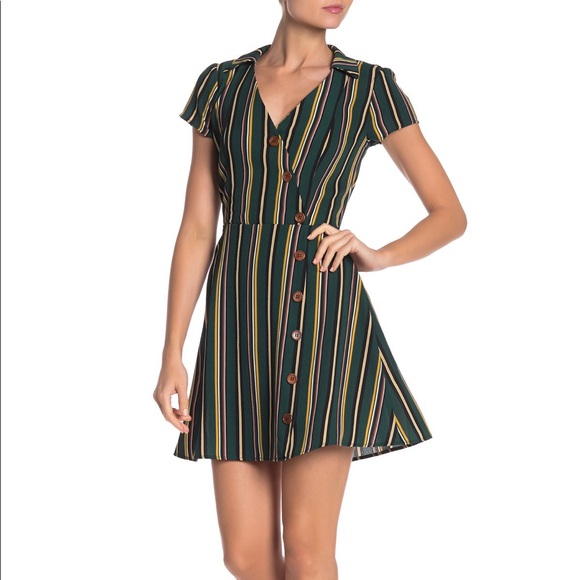 kenedik Dresses & Skirts - Kenedik Striped Button Front Surplice Skater Dress